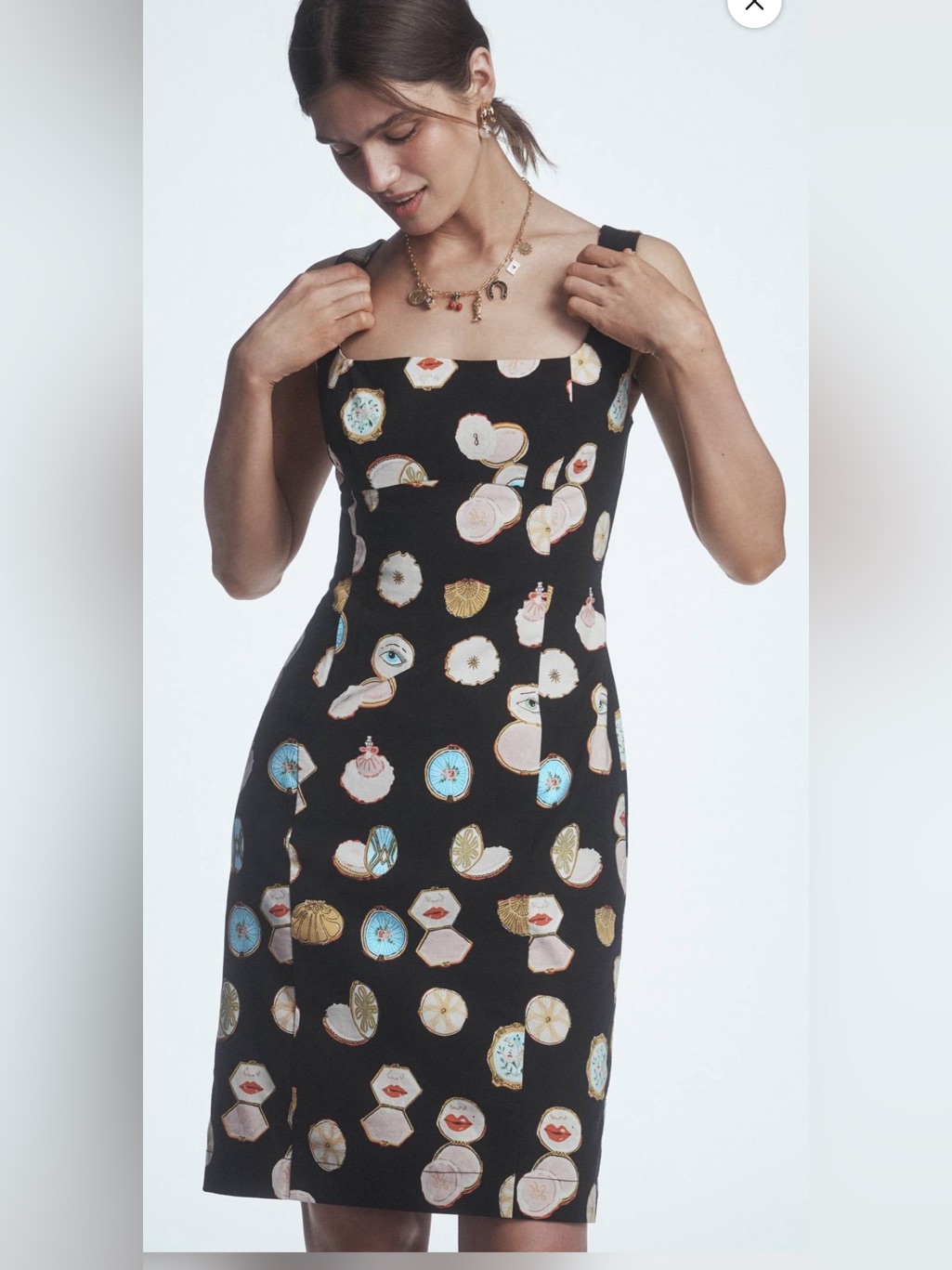 Anthropologie Black Printed Square-Neck Midi Dress